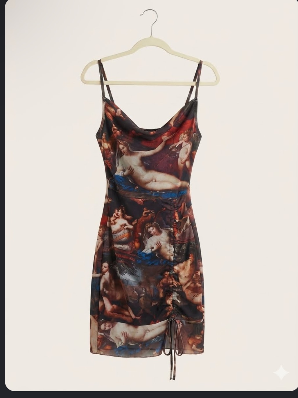 Szs Pretty Little Things Renaissance Printed Mesh Ruched Spaghetti Strap Dress
